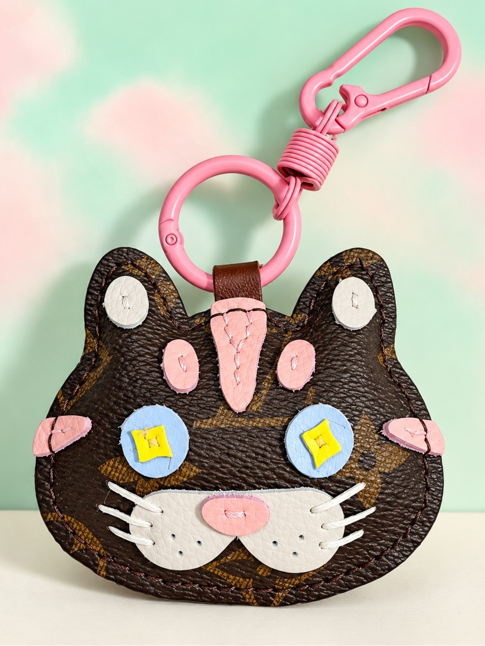 Upcycled Kitty Leatherette Keychain Charm in Brown and Pink